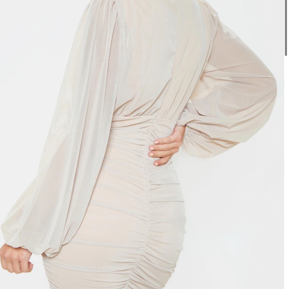 Stone Mesh Ruched Balloon Sleeve Bodycon Dress